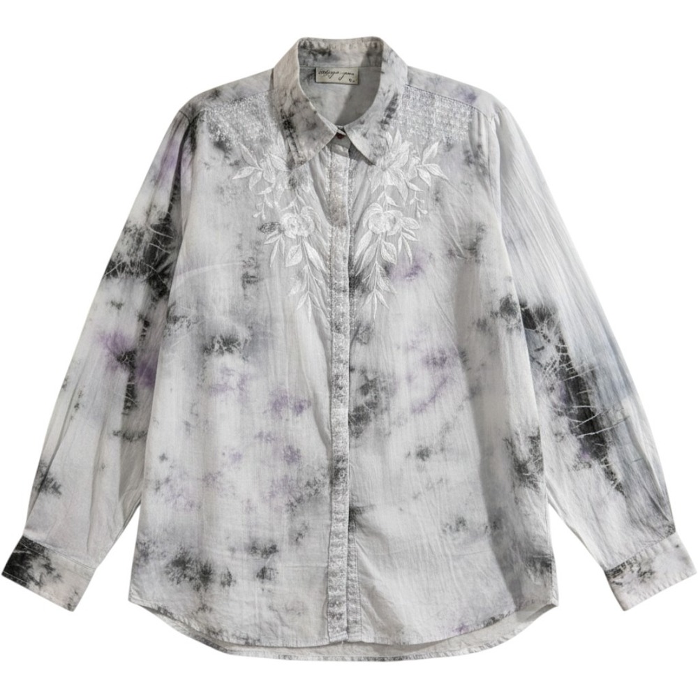 Vintage Goa Cotton Embroidered Tie Dye Button Down Top Women XL Gray Boho